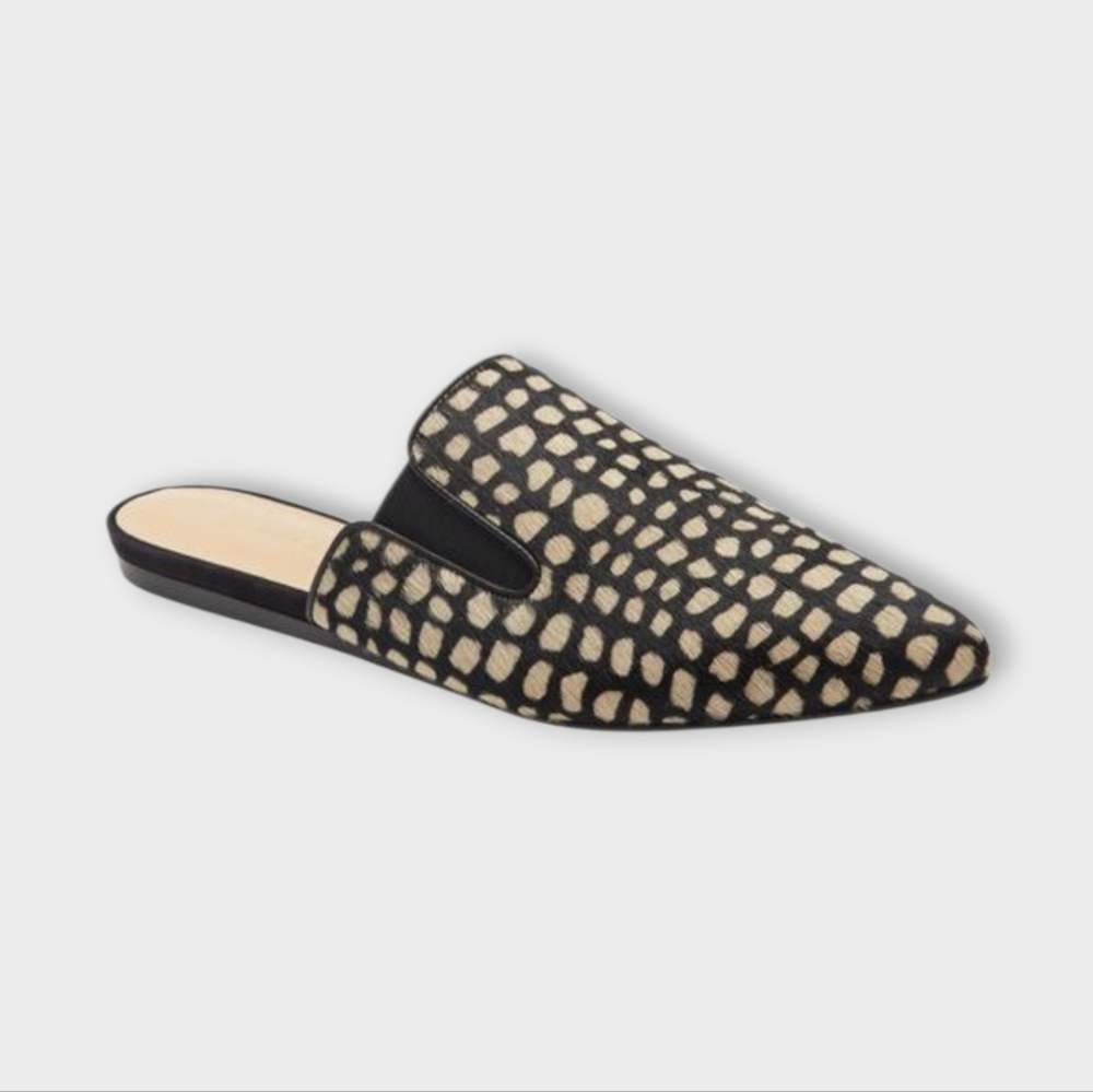 Jenni Kayne Calf Hair Black Honey Giraffe Pointed Toe Flat Mules Size 36